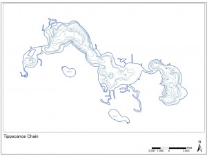 This bathymetric map of the Tippecanoe Chain shows the various depths of the lake, mostly 30 feet deep and above. Lake Tippecanoe is said to be one of the deepest natural lakes in Indiana.