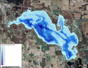 This bathymetric map of Lake Wawasee shows the various depths with many indicating the best place for skiing, wakeboarding and surfing is the darker blue areas where depths range from 20 feet to 80 feet deep. 